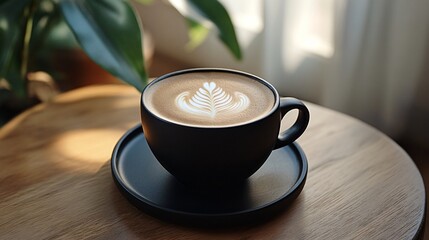 Sticker - A cup of coffee with latte art in a black cup on a wooden table.