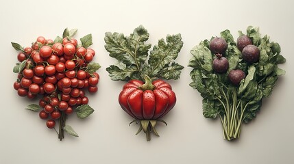 Canvas Print - Red Tomatoes, Green Leaves, and Purple Fruit: A Still Life Photography