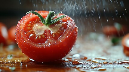 Wall Mural - A halved tomato with water droplets on a wooden surface, with other tomatoes in the background.