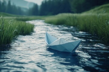 A paper boat floating on a winding stream, embodying the flow of thoughts and adaptability