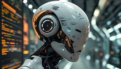 Futuristic humanoid robot with digital code overlay representing advanced artificial intelligence and cybernetic innovation