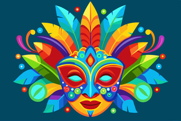 Poster - A vibrant and colorful festival mask with intricate details, adorned with feathers in bright orange, blue, green, and red tones. Brazil carnival masks vector art illustration 