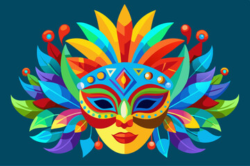 Wall Mural - A vibrant and colorful festival mask with intricate details, adorned with feathers in bright orange, blue, green, and red tones. Brazil carnival masks vector art illustration 