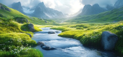 Serene mountain stream flowing through lush green valley with dramatic mountain peaks in the background.