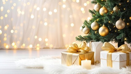 Wall Mural - Christmas tree with golden ornaments and gifts, festive and warm, holiday celebration backdrop