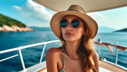 Young woman enjoying summer vacation on yacht with stunning islands in the background, embodying fashion, travel, and freedom under the sun