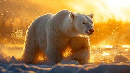 Wall Mural - Majestic polar bear walking through snow with a golden sunrise behind it.