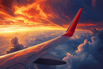 Wall Mural - Stunning view from an airplane wing. Vibrant clouds and a colorful sunset create a breathtaking sky scene. Perfect for travel enthusiasts and adventure seekers. Generative AI