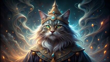 majestic wizard cat stands tall, eyes aglow with mystical power, as misty tendrils swirl around its 