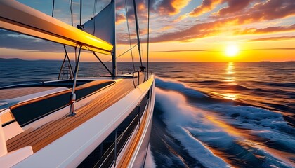 Wall Mural - Luxury yacht gliding against a vibrant sunset, embodying the essence of summer travel and the allure of yachting adventures