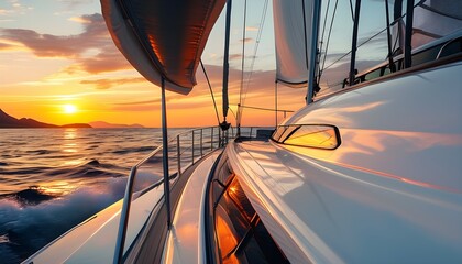 Wall Mural - Luxury yacht gliding against a vibrant sunset, embodying the essence of summer travel and the allure of yachting adventures