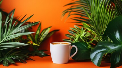 Sticker - A cup of latte with a heart-shaped design in the foam, surrounded by lush tropical foliage on an orange background.