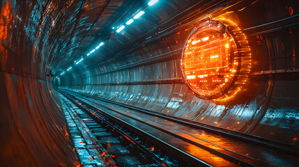 Futuristic tunnel with glowing lights and a circular portal, creating an otherworldly atmosphere for science fiction themes.