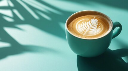 Sticker - A cup of latte with a leaf design in the foam, on a turquoise background with leaf shadows.