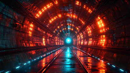 Futuristic tunnel with glowing lights and reflections, creating a vibrant and immersive environment for sci-fi themes.