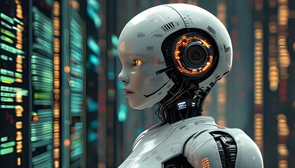 Futuristic female humanoid robot amid digital binary code, embodying advanced artificial intelligence and cybernetic technology, with space for additional text