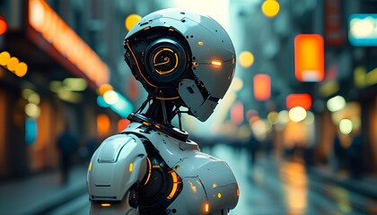 Futuristic humanoid robot against a bokeh city skyline, embodying advanced robotics and artificial intelligence in a modern cybernetic landscape