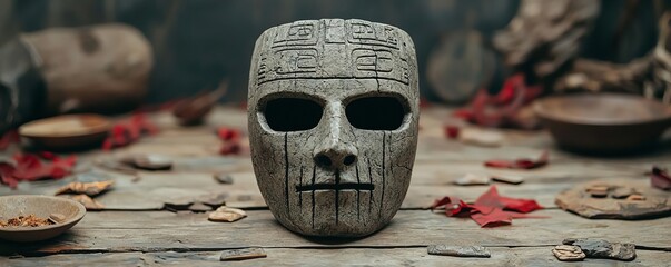 An ancient stone mask displayed on a rustic table, surrounded by artifacts and natural elements, evoking a sense of mystery.