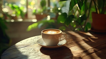 Poster - A cup of latte with latte art on wooden table with a blurred background of plants.