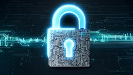 Poster - A digitally designed lock rests prominently, showcasing complex circuitry. It represents the importance of cybersecurity in safeguarding data in today's online environment.