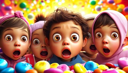 Wall Mural - Ecstatic children in awe, surrounded by a whirlwind of colorful candies and a lively backdrop