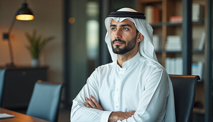 Wall Mural - Serious thoughtful confident Arabian business leader man in white thobe posing in office with hands folded, looking away in deep thoughts, thinking on company success, ambition project plan