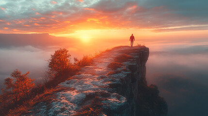 Close-up of a man on a mountain against a background of sunset