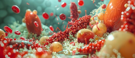 Wall Mural - Detailed image of viruses in a tense, crisis-filled atmosphere showing interaction with white cells. Orange particles of various shapes, hinting at danger of infection.