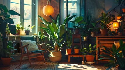 Wall Mural - Room interior decorated with several vibrant houseplants, creating a lively and inviting atmosphere