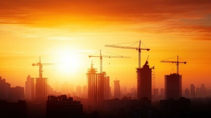 Wall Mural - A city skyline with a large crane in the foreground and a sun in the background