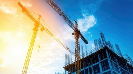 A construction site with two cranes and a building in the background