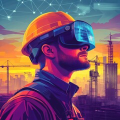 A man wearing a hard hat and a VR headset is looking at a city skyline