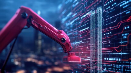 A robot is holding a red object in front of a computer screen with a lot of red