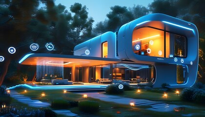 Futuristic smart home vision featuring a modern house adorned with digital icons and illuminated blue connections