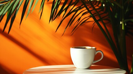 Sticker - A white coffee cup sits on a white table against an orange background with palm fronds overhead.