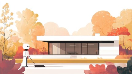 Wall Mural - Peaceful Autumn Landscape with Modern House and Robot Gardener