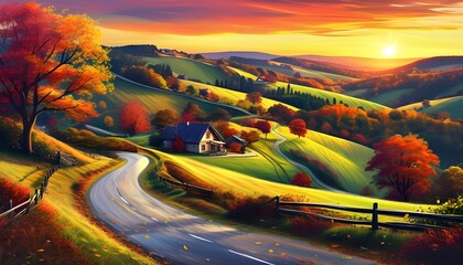 Wall Mural - Charming cottage nestled in vibrant autumn foliage along a winding road amidst rolling hills at sunset