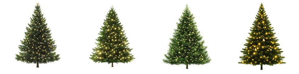 set of a christmas tree with twinkling lights, isolated on a transparent background.