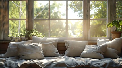 Wall Mural - Several soft pillows arranged on a divan by a large window, with natural light creating a cozy and inviting atmosphere