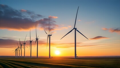 Wind turbines silhouetted against a stunning sunset, representing energy harnessing and progress in renewable power generation