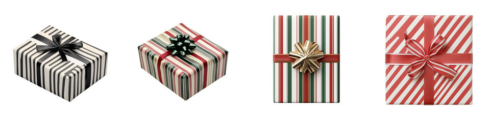 Set of a Christmas present with striped wrapping paper, isolated on a transparent background.