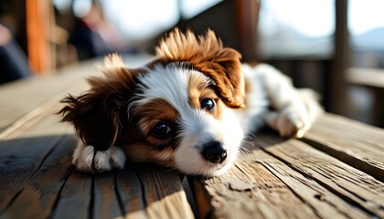 Wall Mural - Relaxed brown and white dog resting on wooden table with head on persons hand, showcasing comfort and companionship