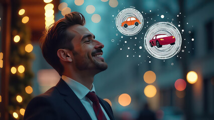 Wall Mural - Photo portrait of beautiful man eyes closed dreaming about cars , man smiling, big cartoon drawn circles with cars inside circles flying around man head, suit, festive background with blurred garland 