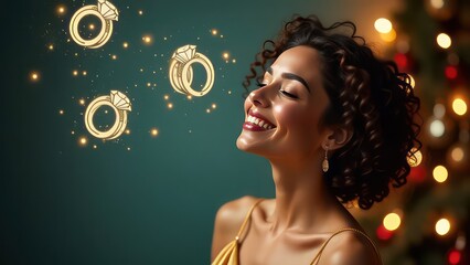 Wall Mural - Photo portrait of beautiful woman eyes closed dreaming about diamond rings, woman smiling, big cartoon drawn circles with diamond rings inside circles flying around woman head, golden dress