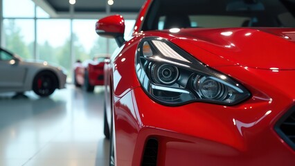 a close up view of a shiny red car in a showroom with other vehicles in the background