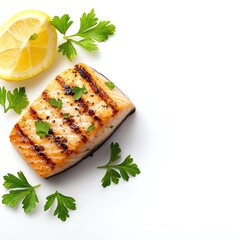 Wall Mural - Grilled mahimahi fillet, charred with lemon and herbs, gourmet seafood dish, isolated on white background