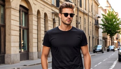 A handsome young man with a stylish haircut, wearing a black t-shirt and sunglasses, confidently walks down a city street.