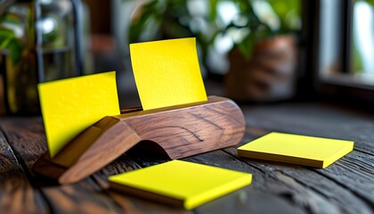 Wall Mural - Wooden note holder featuring a bright yellow sticky note for reminders and messages