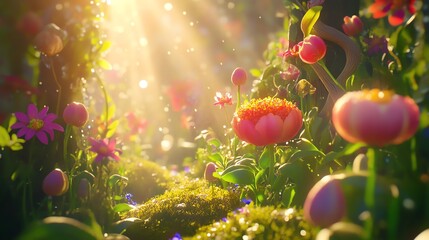 Close-up shot of a vibrant, edible flower garden in a whimsical fantasy land, surreal cooking tools sparkling in sunlight