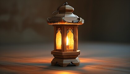 Ornate wooden lantern with warm flickering flame casting a soft glow, featuring an intricate design and a hanging loop